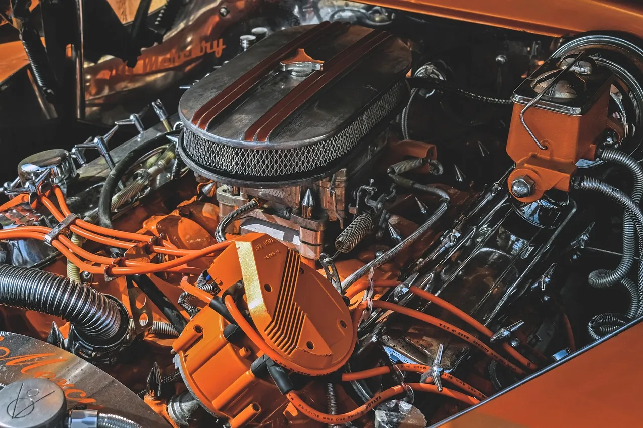 Modern engine bay with orange accents